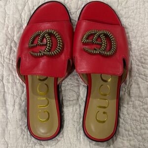 My Red Slide Sandals with Gold Emblem